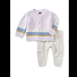 NWT New TEA COLLECTION Sweater Set Cardigan and Pants Lavender Gray 3 - 6 months